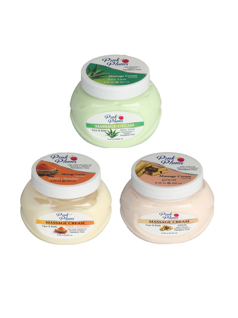 

Pink Plums Set Of 3 Paraben Free Aloevera Gold Haldi & Chandan Face Moisturisers 250 ml, Multi