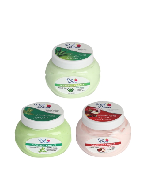 

Pink Plums Set Of 3 Paraben Free Aloevera FRUIT MIX Neem Tulsi Body Massage Creams 250ml, Green