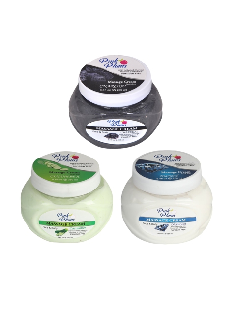 

Pink Plums Set Of 3 Charcoal + Cucumber + Diamond Face & Body Massage Creams 250 ml