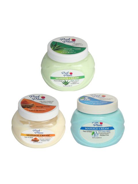 

Pink Plums Set Of 3 Aloevera + Haldi & chandan +Ice Cool Face & Body Massage Creams 250 ml, Blue