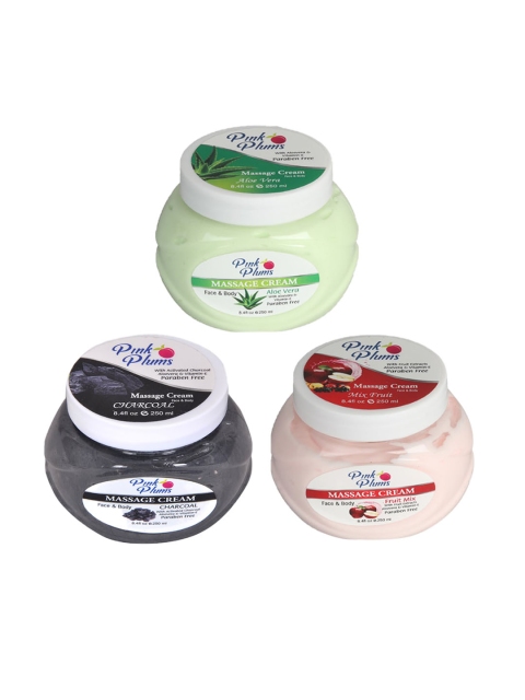 

Pink Plums Set Of 3 Paraben Free Aloevera Charcoal Mix Fruit Face & Body Massage Creams-250 Ml Each, Multi