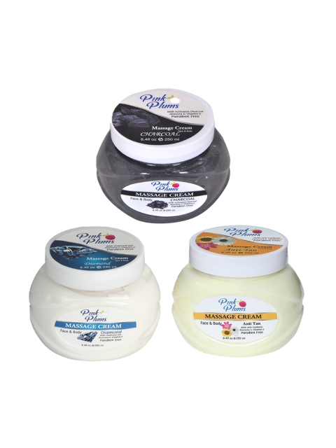 

Pink Plums Set Of 3 Paraben Free Charcoal Diamond Anti- Tan Face & Body Massage Creams, Multi