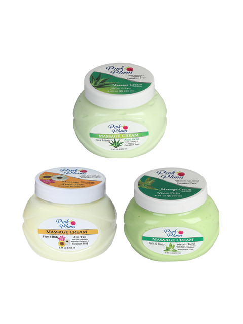 

Pink Plums Set Of 3 Paraben Free Aloevera Neem Tulsi Anti- Tan Face & Body Massage creams, Multi