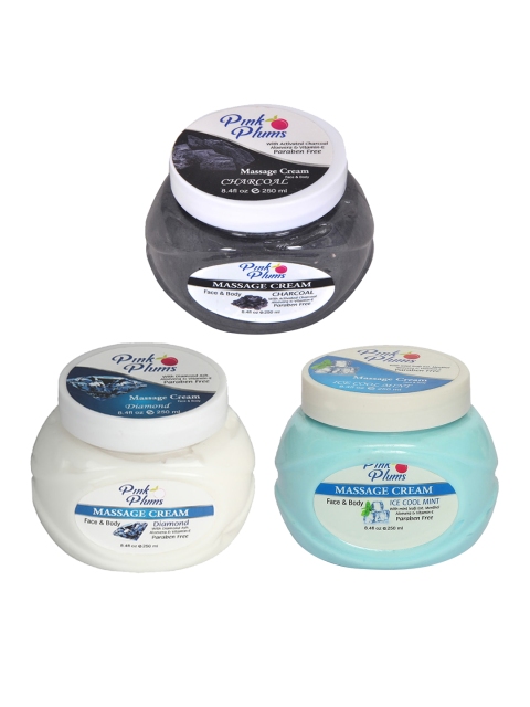 

Pink Plums Set Of 3 Paraben Free Charcoal Diamond Ice Cool Face & Body Massage Creams, Multi