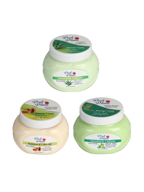 

Pink Plums Set Of 3 Paraben Free Aloevera Neem Tulsi Papaya Face & Body Massage Creams-250 Ml Each, Multi