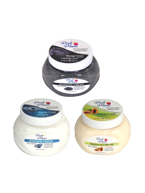 

Pink Plums Set Of 3 Paraben Free Charcoal Diamond Papaya Face & Body Massage Creams, Multi