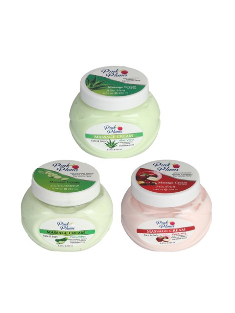 

Pink Plums Set Of 3 Paraben Free Aloevera Cucumber Fruit Mix Face & Body-250 Ml Each, Multi