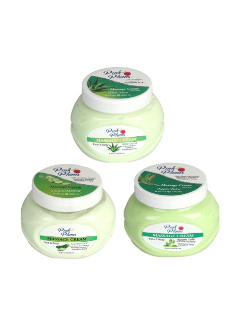 

Pink Plums Set Of 3 Paraben Free Aloevera Cucumber Neem Tulsi Face & Body Massage creams, Multi