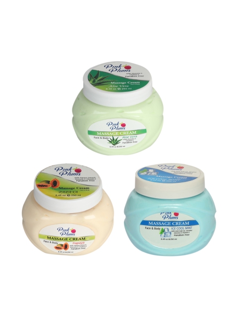 

Pink Plums Set Of 3 Aloevera + Ice Cool + Papaya Face & Body Massage Creams, Multi