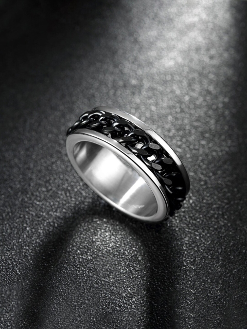 

Yellow Chimes Men Set of 2 Black & Silver-Toned Stainless Steel Band Finger Ring
