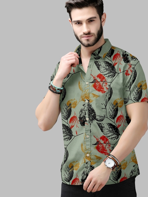 

Fashion FRICKS Men Olive Classic Floral Printed Casual Shirt