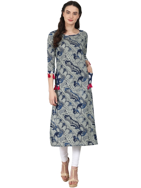 

Nayo Women Blue & Beige Printed Straight Kurta