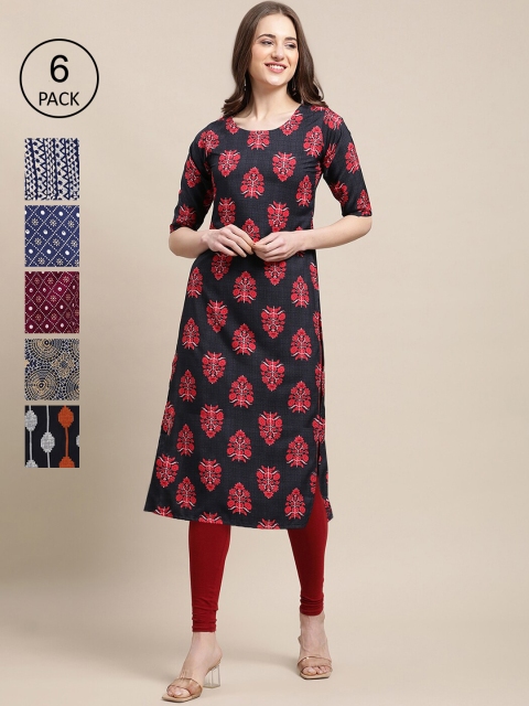 

7Threads Women Pack of 6 Ethnic Motifs Printed Block Print Crepe Kurta, Red