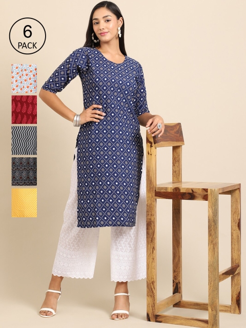 

7Threads Women Pack of 6 Geometric Printed Block Print Crepe Kurta, Yellow