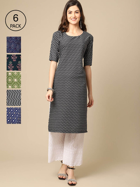 

7Threads Women Pack of 6 Ethnic Motifs Striped Block Print Crepe Kurta, Black