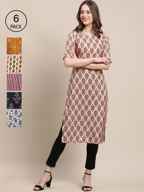 

7Threads Women Pack of 6 Ethnic Motifs Printed Crepe Kurta, Peach