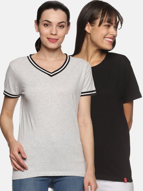 

NOT YET by us Women Grey Melange Pack of 2 Raw Edge T-shirt