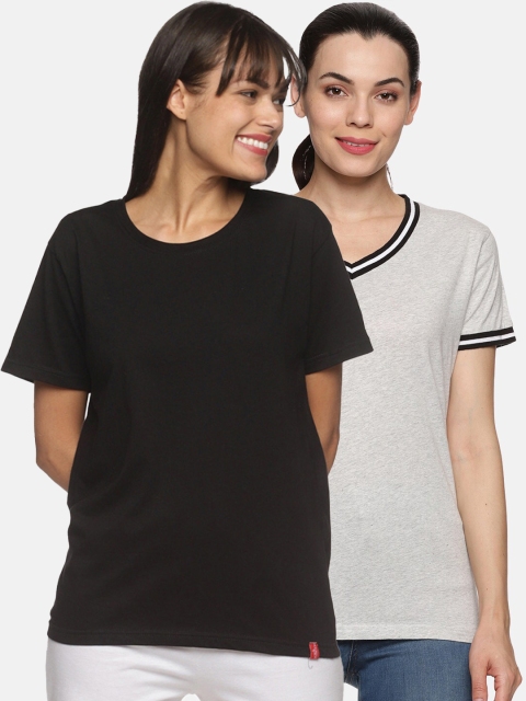 

NOT YET by us Women Pack of 2 Grey Melange & Black T-shirts