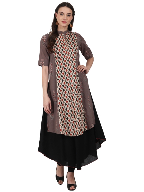 

Nayo Women Brown & Black Printed Layered A-Line Kurta