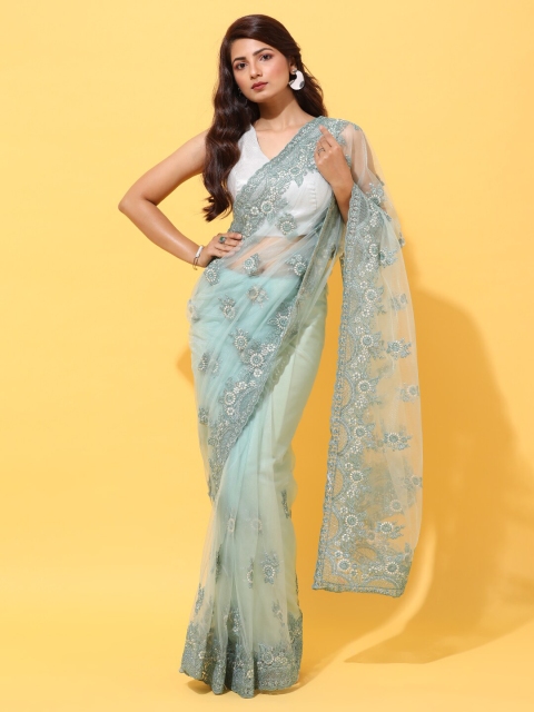 

kasee Blue Floral Sequinned Net Heavy Work Saree