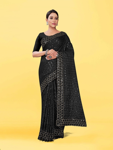 

Morang Black & Gold-Toned Striped Sequinned Pure Silk Banarasi Saree