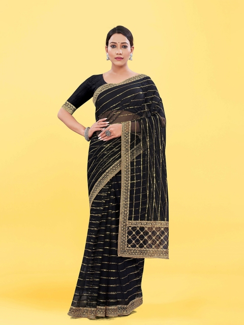 

Morang Black & Gold-Toned Striped Sequinned Net Saree