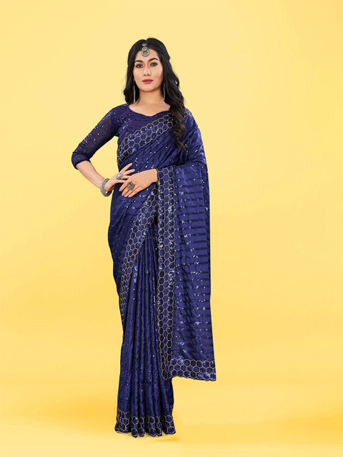 

Morang Blue & Gold-Toned Embellished Sequinned Pure Silk Banarasi Saree