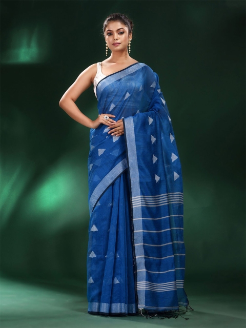 

Charukriti Blue & Silver-Toned Woven Design Zari Saree