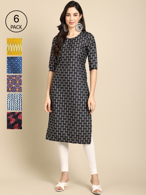 

7Threads Women Pack of 6 Ethnic Motifs Printed Crepe Kurta, Black