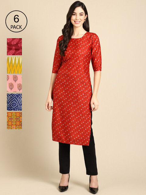 

7Threads Women Pack of 6 Ethnic Motifs Printed Crepe Kurta, Red