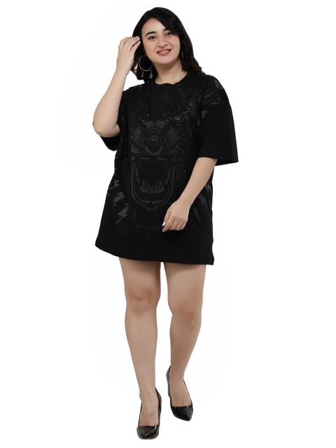 

NUEVOSDAMAS Women Plus Size Black Printed Pure Cotton T-shirt Dress