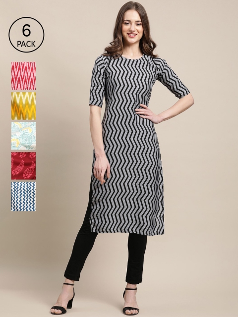 

7Threads Women Pack Of 6 Geometric Crepe Kurta, Yellow
