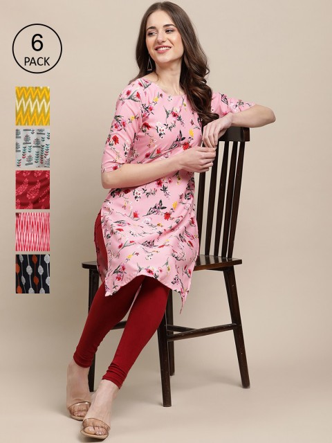 

7Threads Women Pack of 6 Floral Printed Crepe Kurta, Yellow