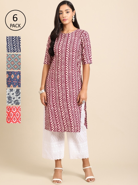 

7Threads Women Pack of 6 Ethnic Motifs Printed Crepe Kurta, Pink