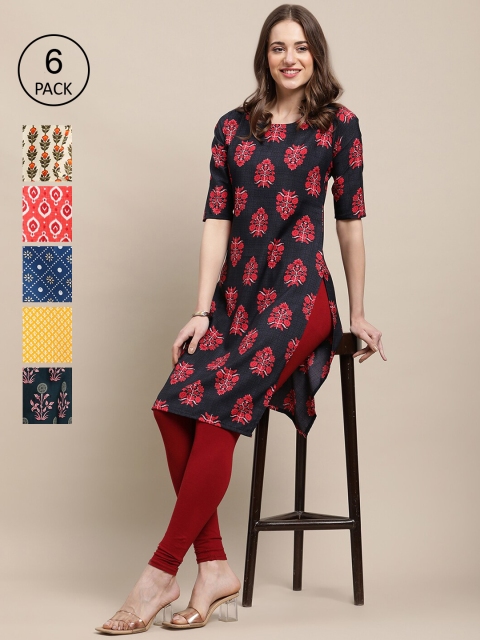 

7Threads Women Pack of 6 Ethnic Motifs Printed Crepe Kurta, Red