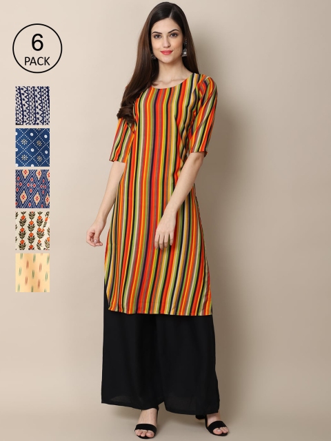 

7Threads Women Pack of 6 Ethnic Motifs Printed Crepe Kurta, Yellow