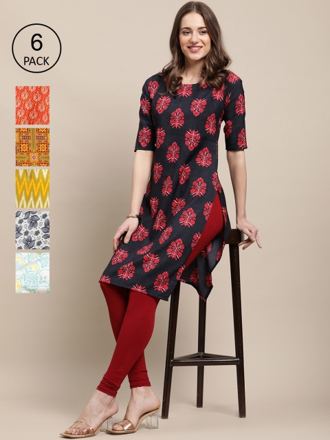 

7Threads Women Pack of 6 Ethnic Motifs Printed Crepe Kurta, Orange