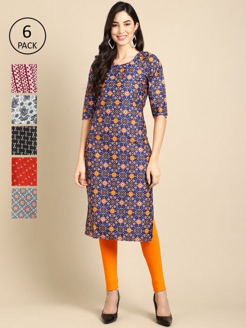 

7Threads Women Pack of 6 Ethnic Motifs Printed Crepe Kurta, Navy blue