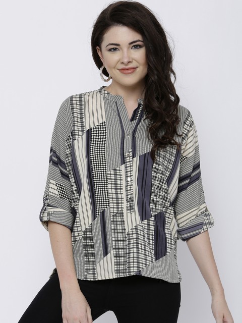 

Tokyo Talkies Women Cream-Coloured & Black Printed Shirt Style Top