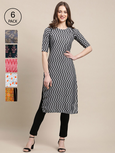 

7Threads Women Black & Red Pack of 6 Geometric Printed Crepe Kurtas
