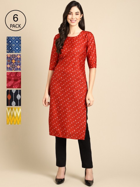 

7Threads Women Pack Of 6 Printed Crepe Kurta, Blue