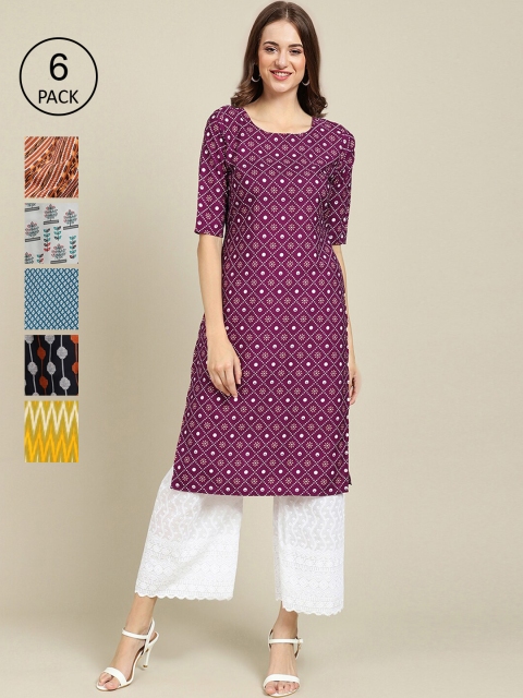 

7Threads Women Pack Of 6 Printed Crepe Kurta, Yellow