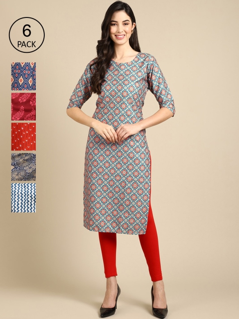 

7Threads Women Pack of 6 Printed Crepe Kurta, Blue