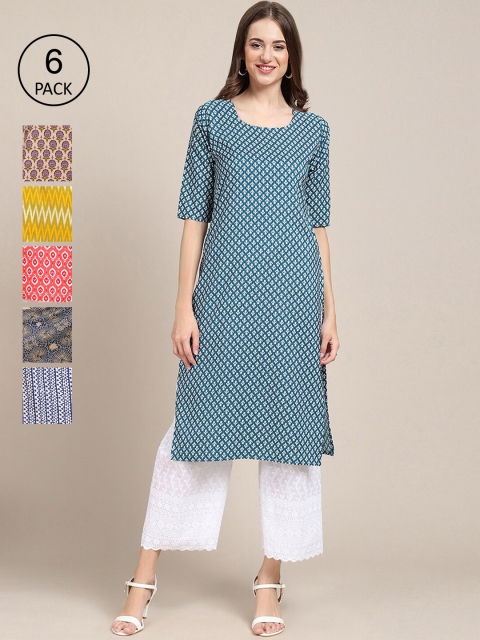 

7Threads Women Pack Of 6 Geometric Printed Crepe Kurta, Blue