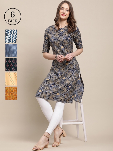 

7Threads Women Pack of 6 Ethnic Motifs Printed Crepe Kurta, Olive