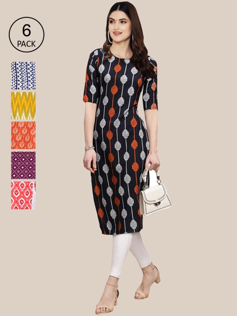 

7Threads Women Pack of 6 Geometric Printed Crepe Kurta, Black