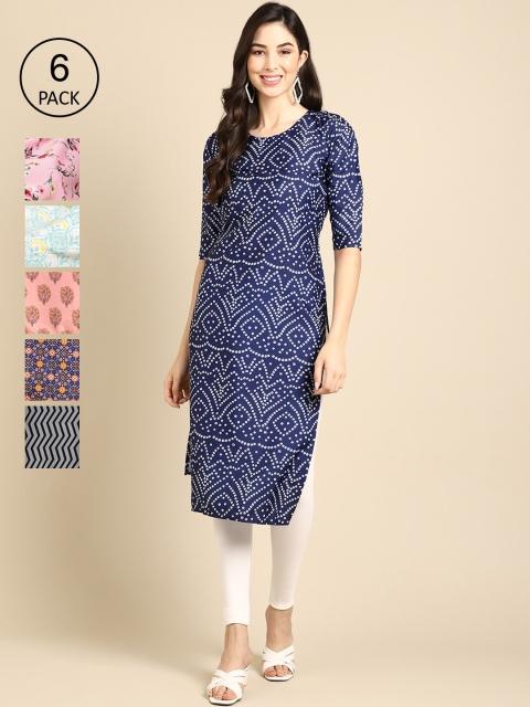 

7Threads Women Pack of 6 Floral Printed Crepe Kurta, Navy blue
