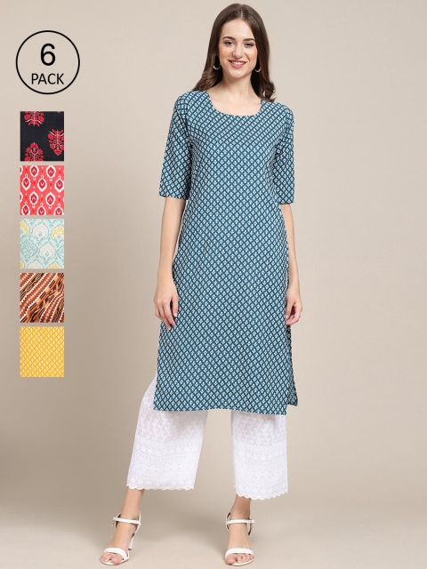

7Threads Women Pack of 6 Geometric Printed Crepe Kurta, Teal