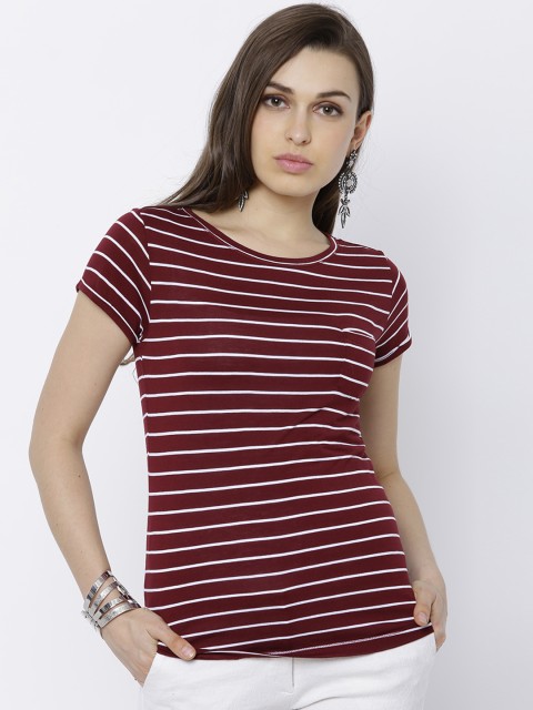 

Tokyo Talkies Women Maroon & White Striped Round Neck T-shirt