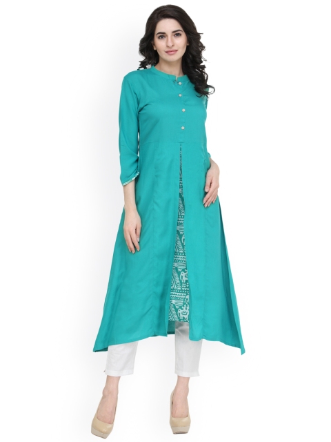 

Indibelle Women Blue & White A-Line Asymmetric Kurta